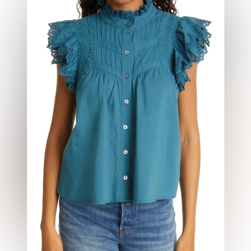 Sea New York Teal Lace Flutter Sleeve Button Front Blouse